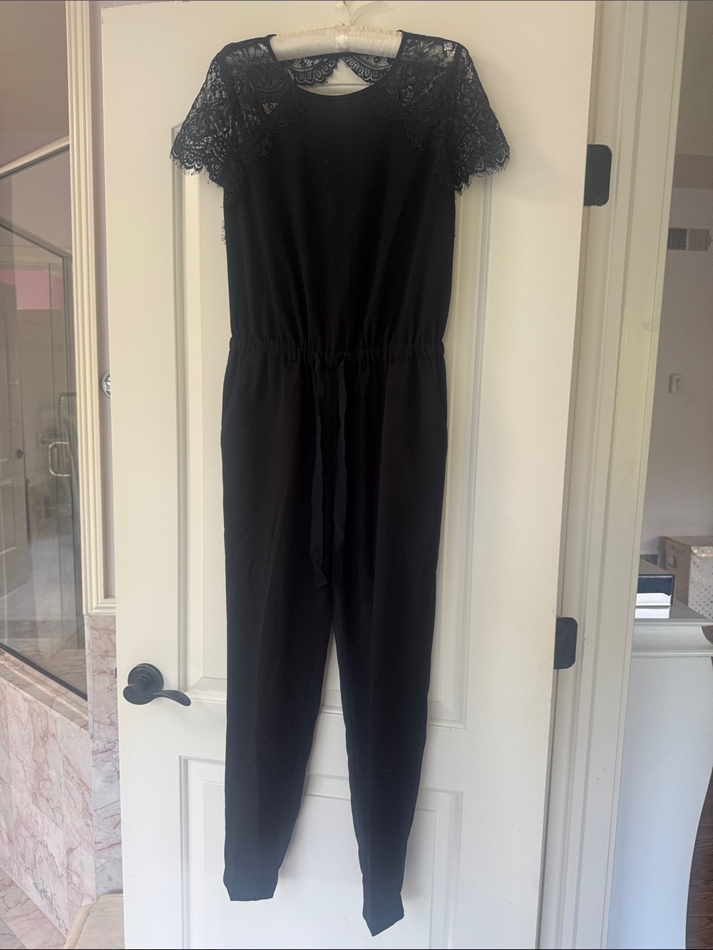 LOFT Black Lace Sleeve Drawstring Jumpsuit